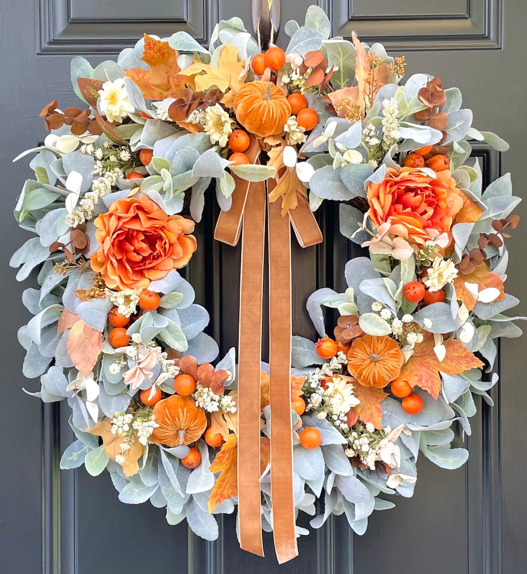 Fall Lambs Ear Wreath Thanksgiving Wreath Velvet Ribbon Maximalist ...