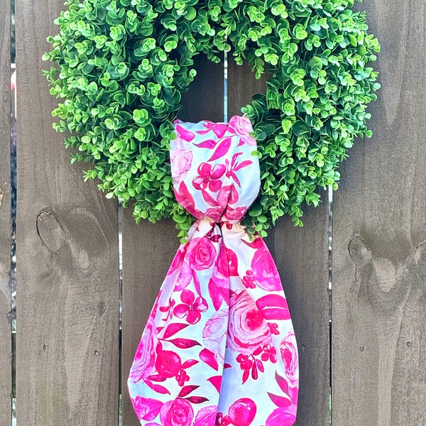 Valentine’s Day Wreath Sash, Boxwood Wood Wreath Sash, Boxwood Wreath Bow, Wreath Scarf, Custom Printed Fabric, Pink Watercolor Floral