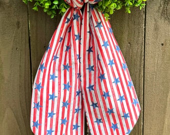 Wreath Sash, Boxwood Wood Wreath Sash, Wreath Bow, USA, Patriotic, 4th of July, Independence Day, Red, White, and Blue, Stars and Stripes
