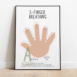 Może przedstawiać: Drukowany plakat z ilustracją dłoni i instrukcjami do oddychania 5 palcami. Plakat zawiera tekst "5-Finger Breathing" u góry i "Breathe In" oraz "Breathe Out" na dole.