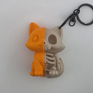 Peut inclure: Un porte-clés chat divisé en deux parties. Un côté est orange, l'autre est un squelette gris. Le porte-clés a un anneau et un fermoir noirs. Le chat est assis, les oreilles dressées.
