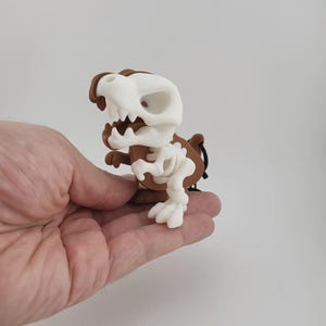 May include: A small, brown and white dinosaur skeleton figurine. The figurine has a detailed skeletal structure with a brown body and white skull and bones. The dinosaur is held in a hand against a white background.