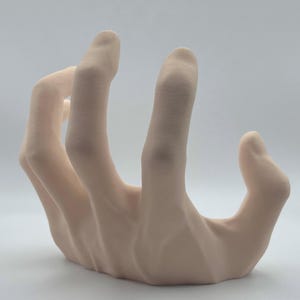 May include: A 3D printed hand sculpture in a light beige colour. The hand is posed with the fingers curled inwards, as if grasping something.