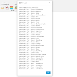 May include: A digital display lists 68 BambuLab PLA colors, including Glossy and Matte finishes. Colors range from Jade White to Latte Brown. The interface includes an "OK" button and the text "BambuAll".