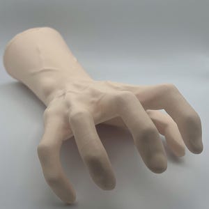 May include: A pale pink, realistic-looking hand model with all fingers extended and slightly curled. The hand is posed as if reaching out or grabbing something.