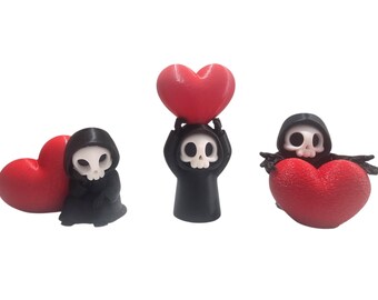Bonitas figuras de corazón de la Parca, decoración gótica de San Valentín, adorno de calavera de amor espeluznante – Mini estatua de 6-10 cm