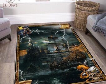 ZZAEO Pirate Ship Night Scenery Round Area Rug Soft Comfort Floor Mat Carpet with Anti-Slip Backing for Home Bedroom Decor 3 Feet Diameter 92 cm