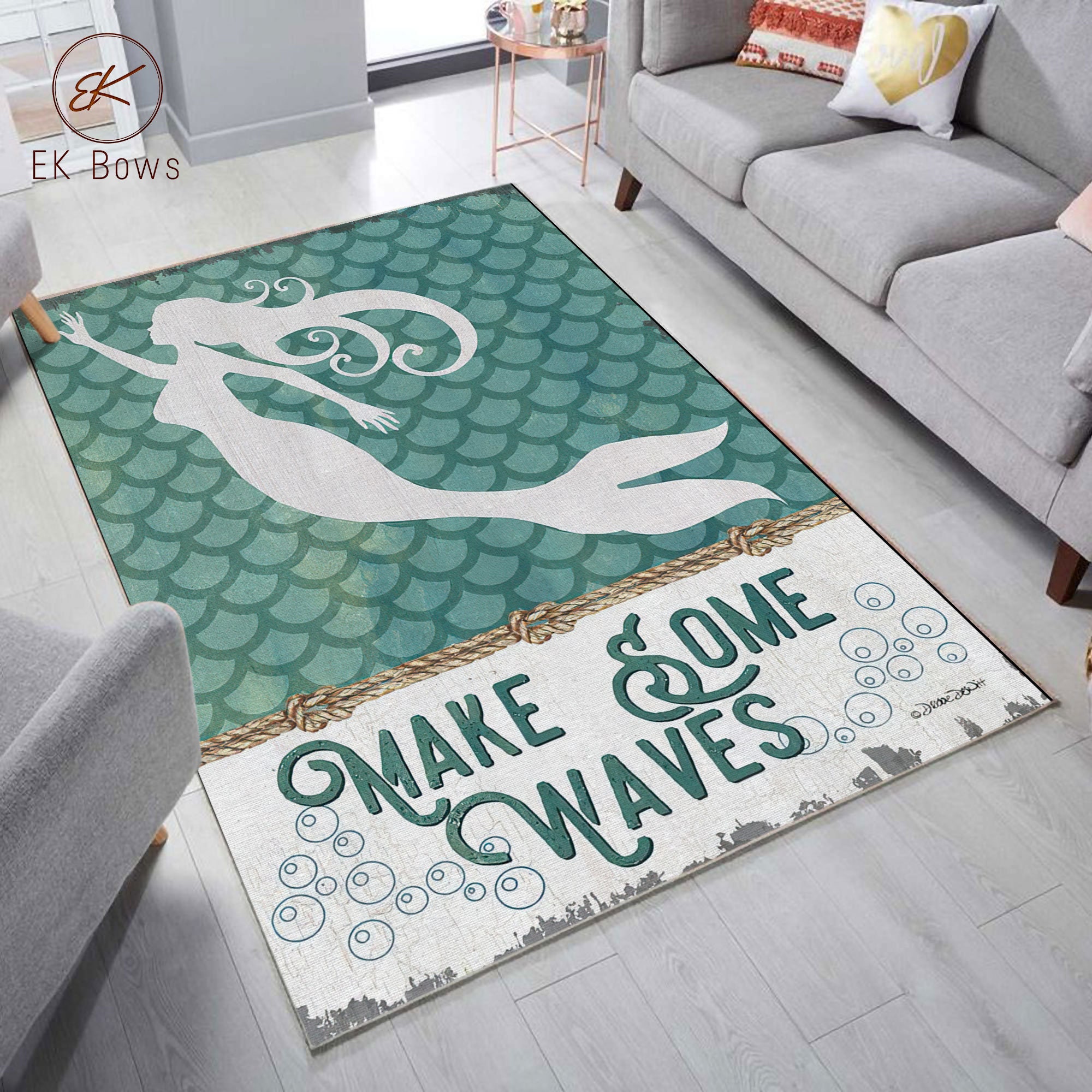 HVEST Mermaid Area Rug Cute Girl with Fish Under The Sea Round Rugs Fairy Tale Carpet Non-Slip Soft Yoga Kids Play Pet Floor Mat for Bedroom Living Room, Diameter:27 