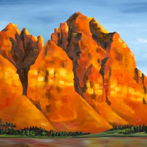 May include: A painting of a mountain range with a lake in the foreground. The mountains are a vibrant orange and yellow, with a blue sky above. The lake is a dark blue, reflecting the colors of the mountains.