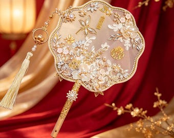 Ventaglio da sposa cinese / Ventaglio da sposa "Doppia Felicità" / Ventaglio rotondo in pizzo oro avorio e perle / Matrimonio asiatico / Cerimonia del tè