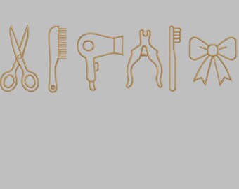 Dog groomer Embroidery Design- Groomer Icons Outline- Scissors Hair Dryer Comb Bow Embroidery File- Dog Stylist