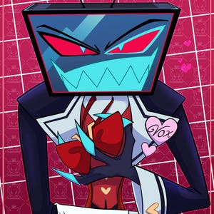 Puede incluir: Ilustración digital de un personaje con cabeza de pantalla de televisión, ojos rojos y boca azul en zigzag. El personaje viste un traje con pajarita roja y sostiene un lazo rojo. Un corazón rosa con el nombre "Vox" es visible.