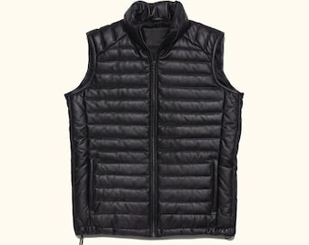 Men’s Winter Lambskin Leather Puffer Vest – Black Outdoor Gilet