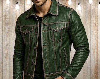 Men’s Vintage Style Lambskin Leather Trucker Jacket – Handmade Slim Fit