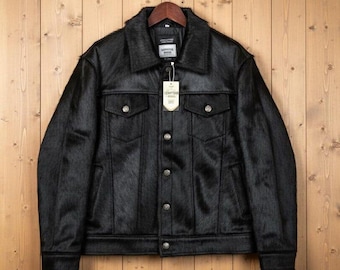 Genuine Cowhide Hair-On Leather Jacket – Jet Black Handmade Fashion Coat