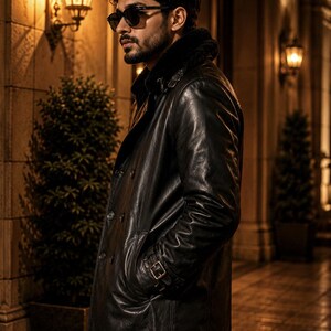 May include: A black leather coat with a fur collar and button closure. The coat has a double-breasted design and a belt detail on the sleeves. The person in the image is wearing sunglasses.