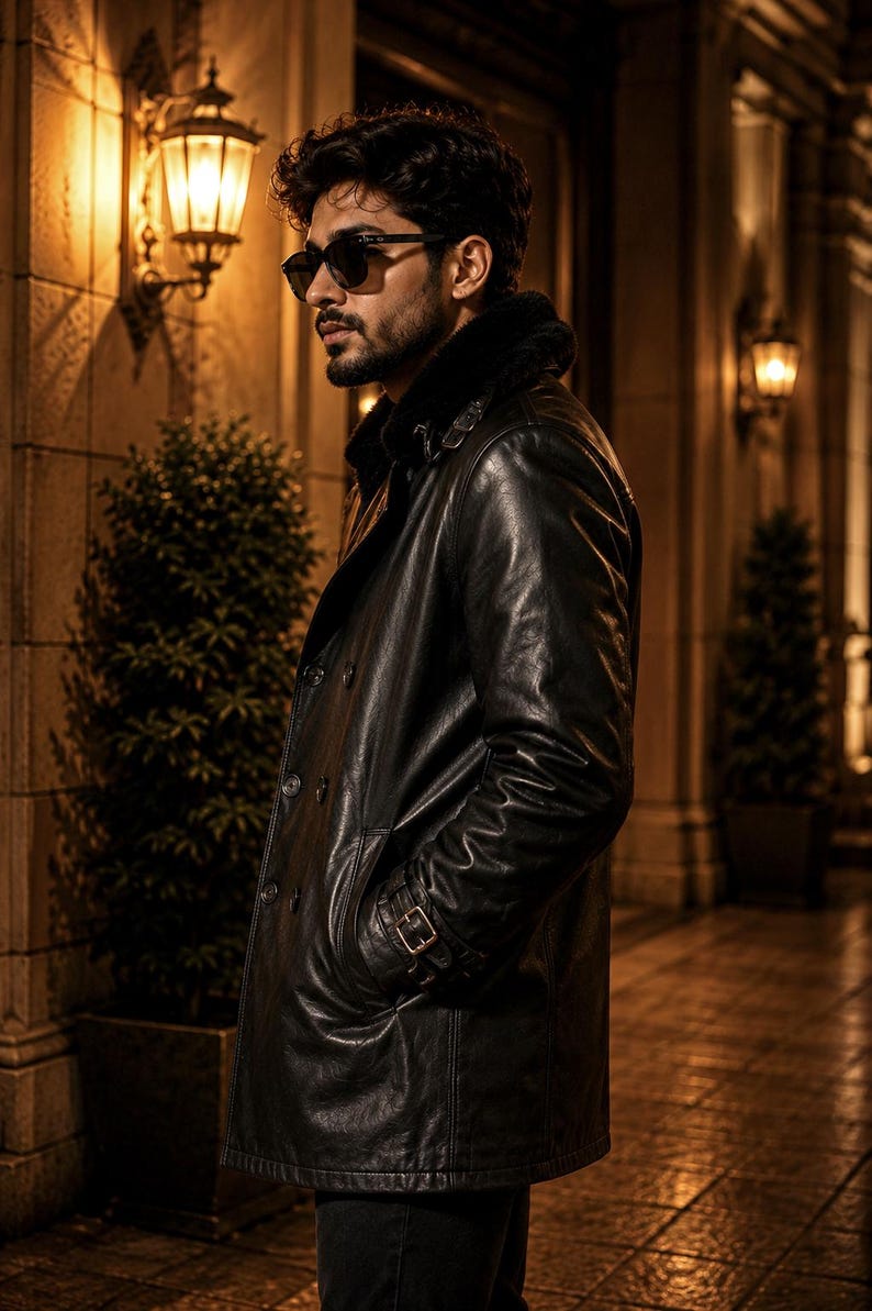 May include: A black leather coat with a fur collar and button closure. The coat has a double-breasted design and a belt detail on the sleeves. The person in the image is wearing sunglasses.
