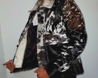 Tri-Color Cowhide Fur Leather Jacket - Men's Natural Hair-On Coat