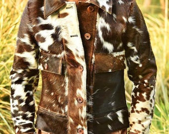 Handmade Genuine Cowhide Fur Leather Jacket - Natural Hair-On Cow Skin Fashion Jacket