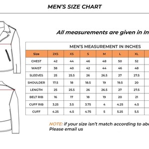 May include: A men's size chart with measurements in inches for a jacket. The chart includes chest, waist, sleeve, shoulder, length, belt rib, cuff rib, and cuff measurements for sizes 2XS to 4XL. A diagram illustrates where to measure.