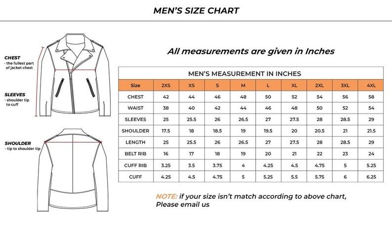 May include: A men's size chart with measurements in inches for a jacket. The chart includes chest, waist, sleeve, shoulder, length, belt rib, cuff rib, and cuff measurements for sizes 2XS to 4XL. A diagram illustrates where to measure.