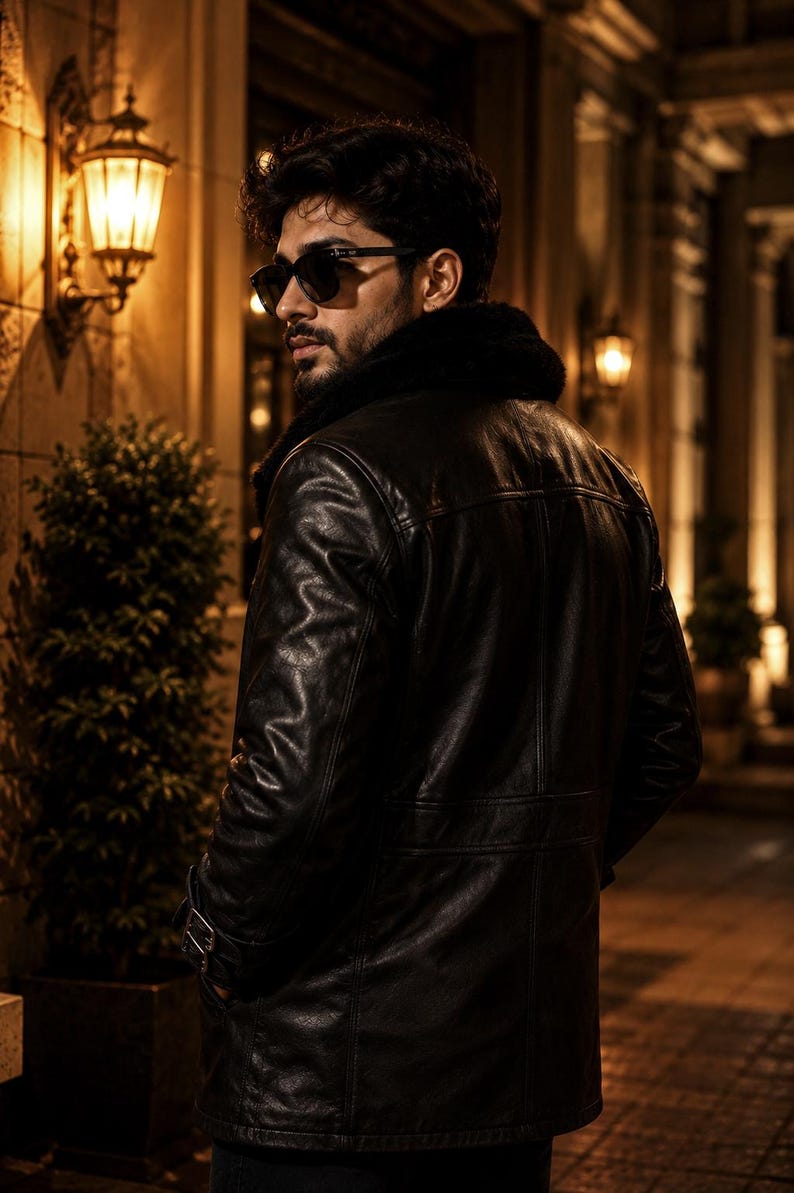 May include: A black leather jacket with a fur collar. The jacket has a classic design with visible stitching and a tailored fit. The image is taken at night, with street lamps in the background.