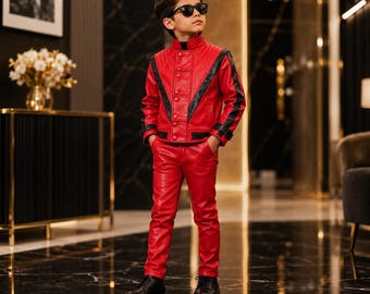Chaqueta de cuero roja estilo Thriller de Michael Jackson para niños – Chaqueta de estrella del pop de los 80 - Chaqueta Thriller de MJ para niños