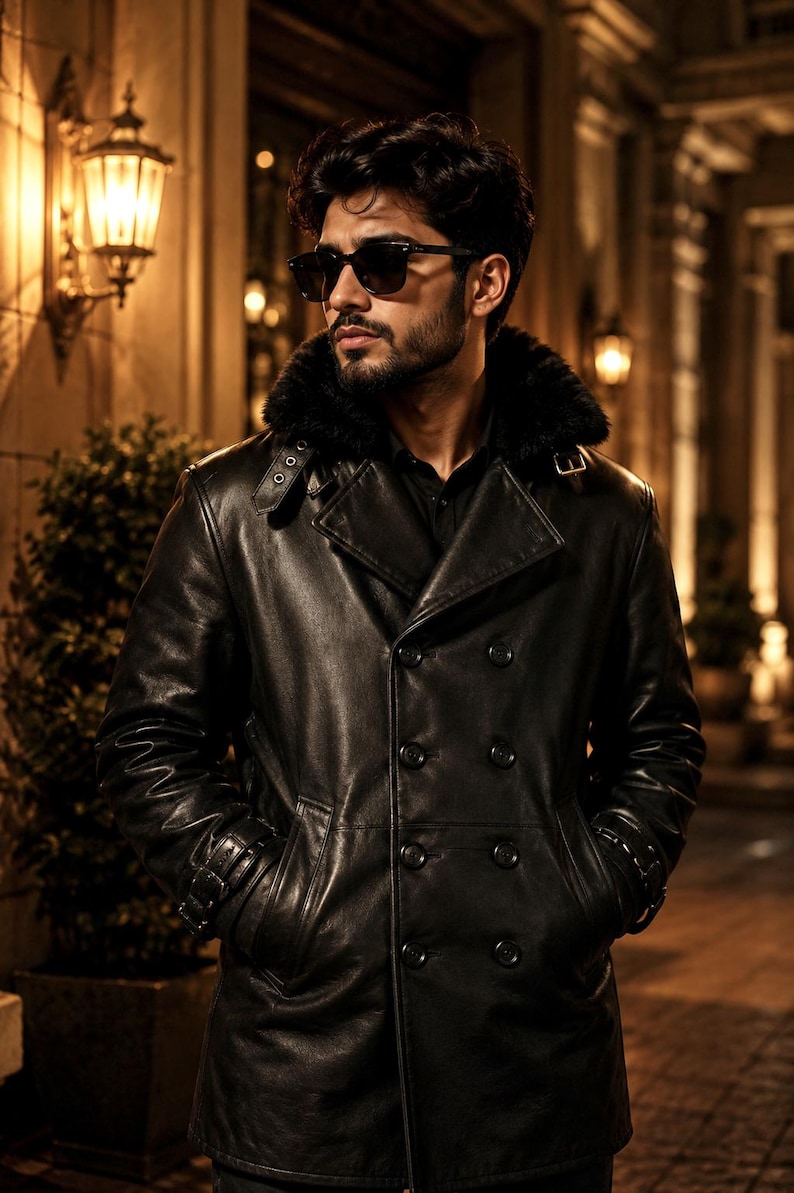 May include: A black leather double-breasted coat with a faux fur collar. The coat features a notched lapel, button closures, and side pockets. The person in the image is wearing sunglasses.
