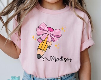Personalized Coquette Back to School Shirt Girl, Custom Name Pencil Bow Tee, First Day of School Gift, Trendy Kids School Outfit