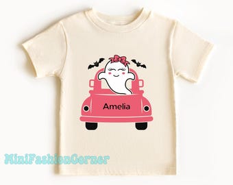 カスタム名ハロウィンシャツ ゴーストキッズナチュラルシャツ 男の子 女の子 レトロシャツ 不気味な季節のTシャツ 秋服 ハロウィン用パーソナライズギフト