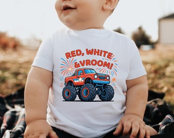 Red White and Vroom 4th of July Boys Shirt, Monster Truck Patriotic Toddler Tee, America 250th Kids Gift