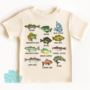 Kids Fishing Shirt, Freshwater Fish Species Graphic Shirt, Bass, Catfish, Carp, Fisherman Gift. Nature Lover Gift, Outdoor Adventure Shirt