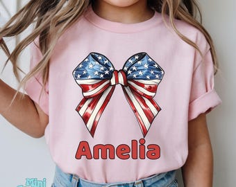 Personalisiertes 4. Juli Bogen-Shirt-Mädchen, benutzerdefinierter Name Patriotisches T-Shirt, Amerika 250