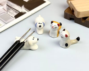 Handmade Ceramic Cat Dog Pen Holder, Adorable Ceramic Watercolor Calligraphy Pen Holder Desktop Companion Watercolor Accessory Artist Gifts