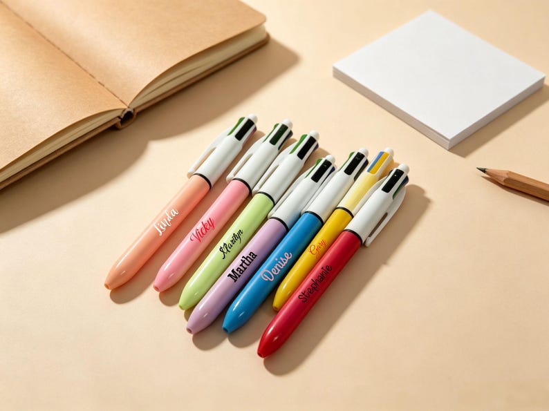 May include: A set of seven multi-color retractable ballpoint pens with white clips and tops. Each pen features a different pastel or vibrant barrel color including peach, pink, light green, lavender, blue, yellow, and red, with names printed in script.