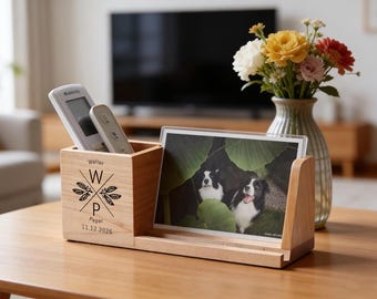 Personalized Pen Holder Photo Frames, Wooden Desk Storage Boxes with Phone Stands, Custom Pen Holder Office Storage Supplies Graduation Gift