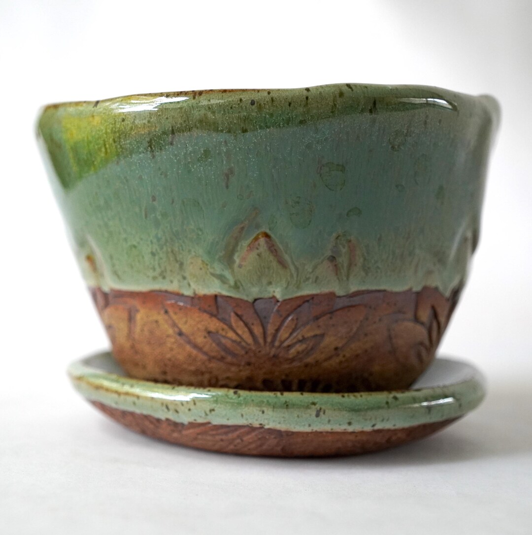 Image showcasing Handmade Ceramic Succulent Planter: Evergreen Glaze With Saucer - Etsy