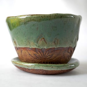 Handmade Ceramic Succulent Planter: Evergreen Glaze with Saucer