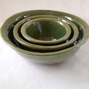 Handmade Stoneware Nesting Bowl Set: Evergreen Glazed Pottery