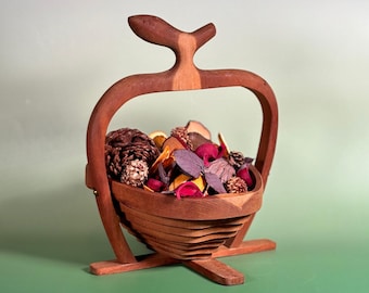 Vintage Collapsible Apple Shaped Carved Wood Basket