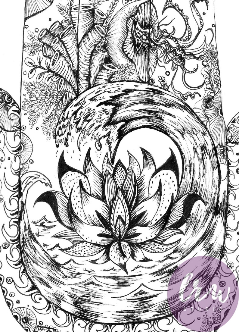 Hamsa Art Print Pen and Ink drawing Sea Life Art Lotus | Etsy