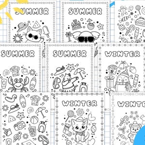 Printable Children&#39;s Coloring Book - 12 Pages of Summer and Winter ADHD coloring book, instant download prints, fun animals illustrations.