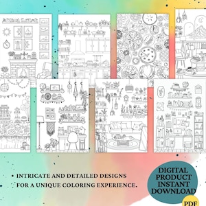 May include: A set of 10 printable coloring pages featuring intricate and detailed designs of various rooms and objects. The designs include a kitchen, a living room, a bedroom, a dining room, a library, a bathroom, a home office, a garden, a patio, and a backyard. The pages are perfect for adults and children who enjoy coloring.