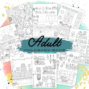 May include: A black and white coloring book with the text "Adult Coloring Book" on the cover. The book features various illustrations of rooms, including a kitchen, a living room, and a library.