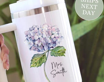 Personalized Hydrangea Tumbler 40oz, Custom Name Tumbler with Handle, Teacher Gift, Floral Stanley Style Cup, Bridesmaid Gift, Mrs Gift