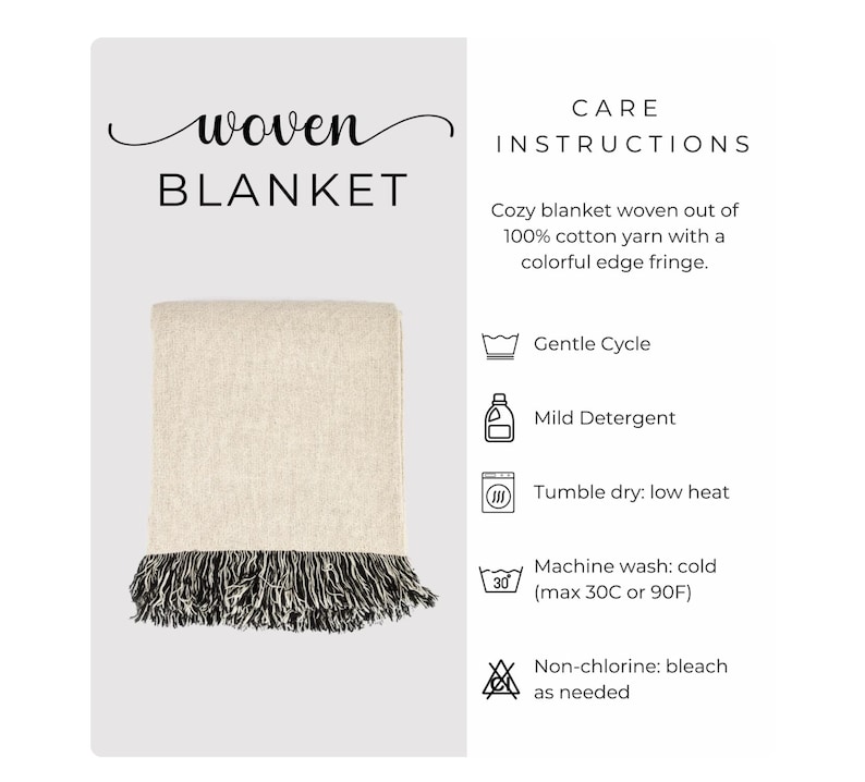 以下が含まれることがあります： クリーム色の本体と白黒のフリンジが付いた、折りたたまれた織りブランケット。 ブランケットは綿100％の糸で作られています。 画像の上部には「woven BLANKET」というテキストがあります。