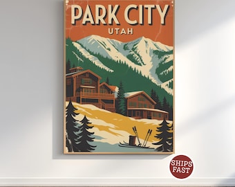 May include: A vintage-style travel poster for Park City, Utah. The poster features a mountain scene with snow-capped peaks, ski slopes, and wooden cabins. The text "PARK CITY UTAH" is displayed at the top in a retro font, with a warm orange and green color palette.
