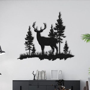 Decorazione da parete in metallo con "Alce nella foresta", cartello da parete con cervo di grandi dimensioni, decorazione da fattoria, cartello da parete per veranda, regalo di Natale, arte murale rustica, pannello da parete