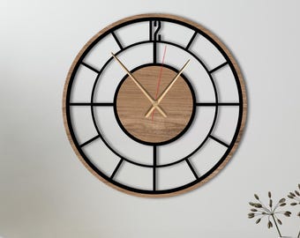 Mid Century Modern Wall Clock, Metal with Wooden Wall Clock, Oversize Silent Clock, Unique Home Clock, Farmhouse Wall Clock,Design Clock Art
