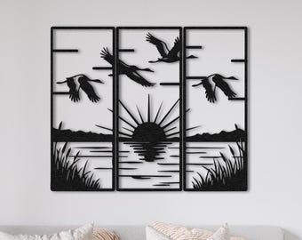 3 Panel Birds Flying Metal Wall Art: Modern Sunset Nature Decor, Christmas Gift, Living Room Decor